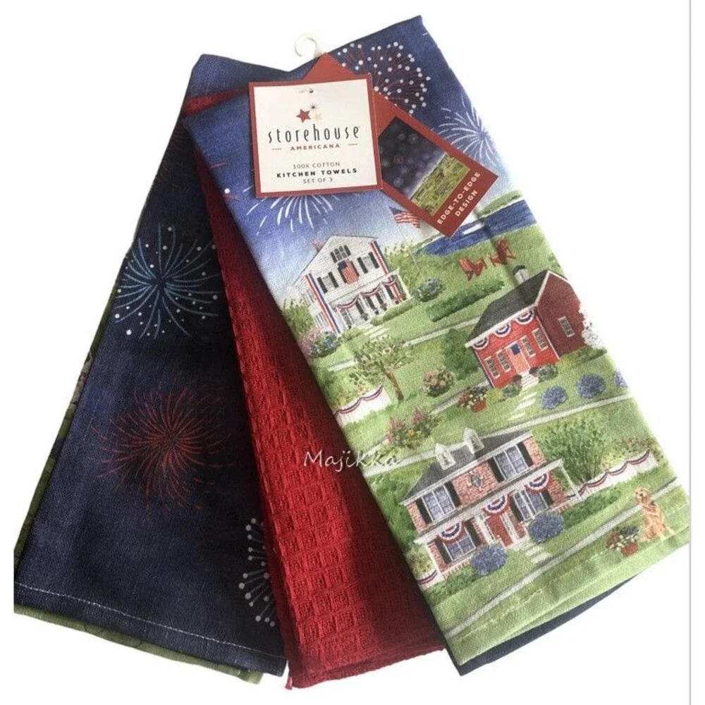 Storehouse Dish Towels Set of 3 July 4th Fireworks Red White Blue Historic Town